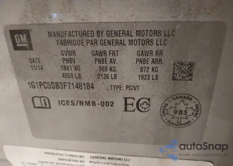 2015 Chevrolet Cruze 1Lt Auto z USA, uszkodzony, nr VIN 1G1PC5SB3F7148184